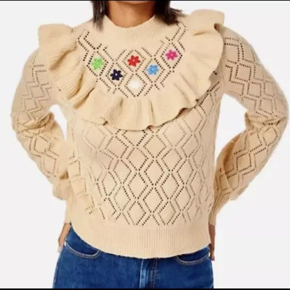Lilly Pulitzer Bereda Ruffle Long Sleeve Sweater Heathered Sand Bar Size XS New